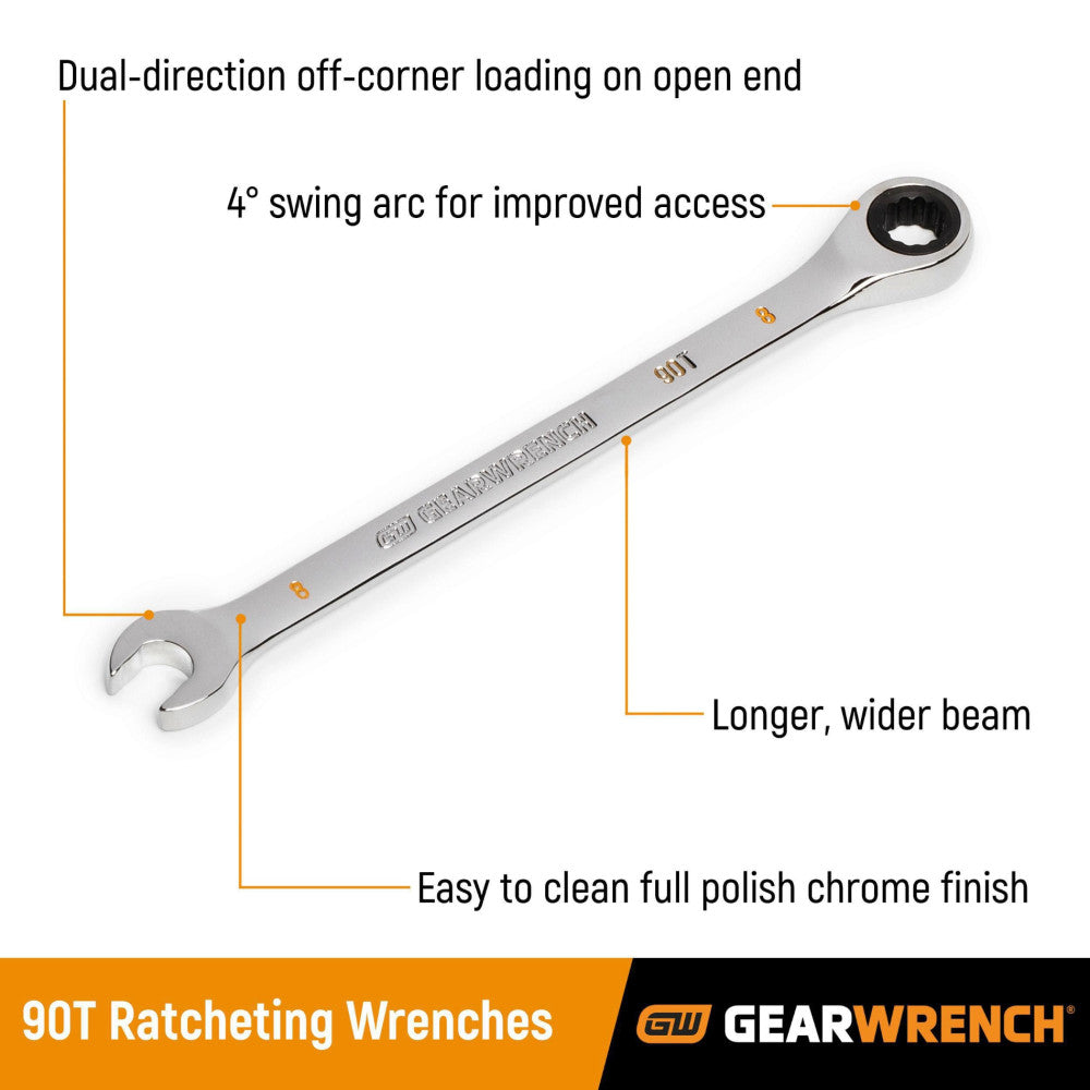 GEARWRENCH 10 Piece 90-Tooth 12 Point SAE Combination Ratcheting Wrench Set
