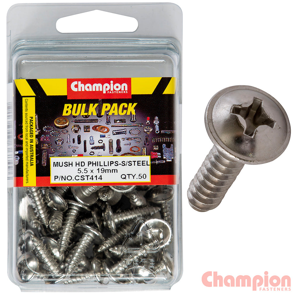 Champion S/Tapping Screws - Mushroom Head - 5.5 x 19mm (50 Pack)