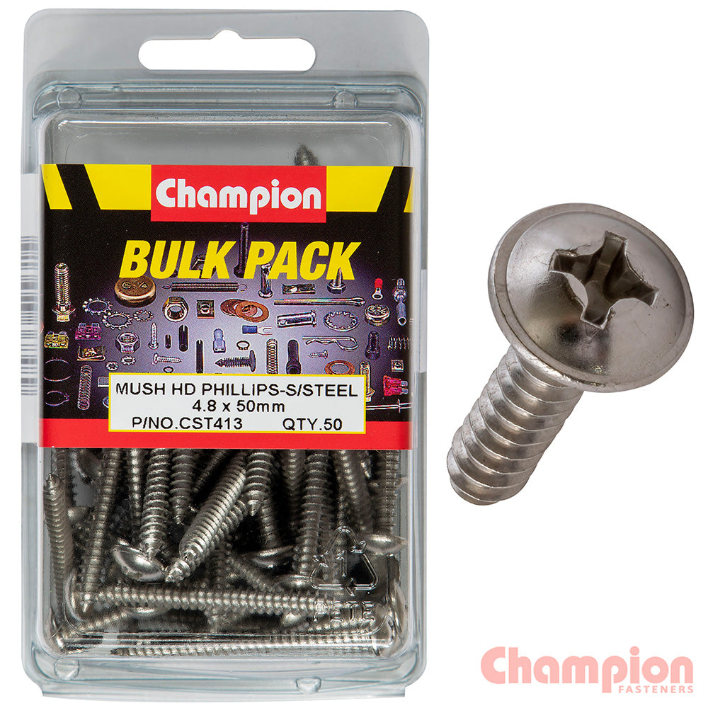 Champion S/Tapping Screws - Mushroom Head - 4.8 x 50mm (50 Pack)