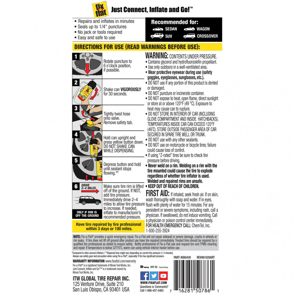 Fix-A-Flat Tire Repair Inflator With Hose 20Oz #60430
