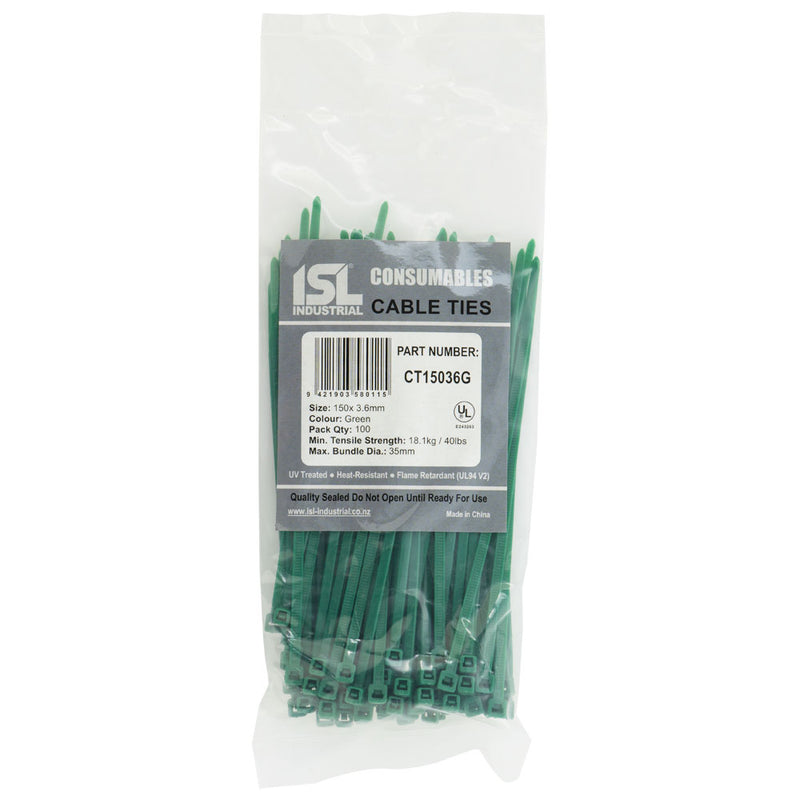 Isl 150 x 3.6mm Nylon Cable Tie - Green - 100Pk