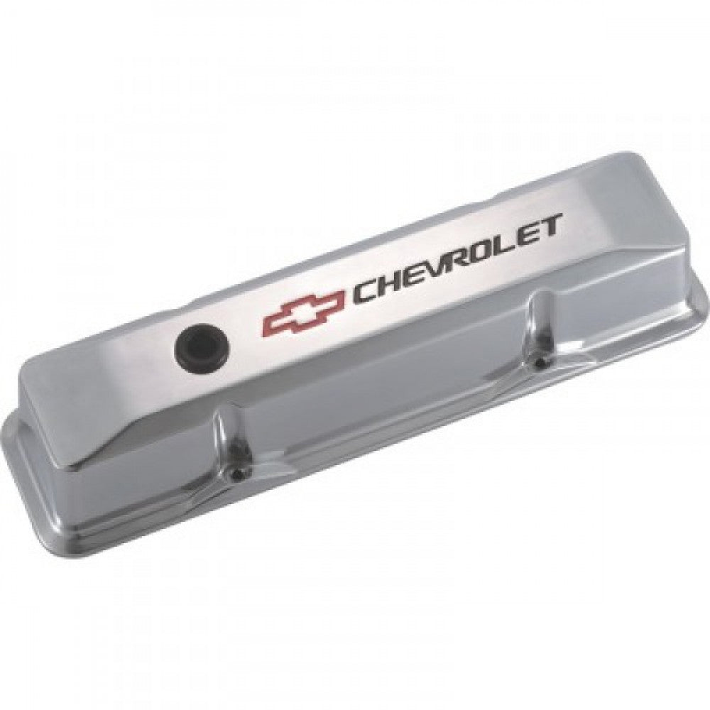 Proform Valve Covers Chev SB Polished Bowtie Chevrolet Red-Black Pair #141-108