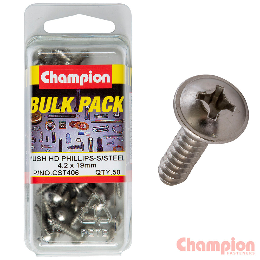 Champion S/Tapping Screws - Mushroom Head - 4.2 x 19mm (50 Pack)