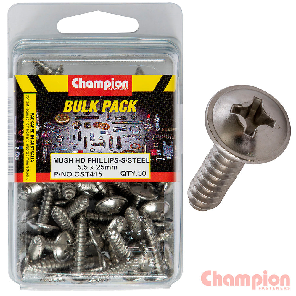 Champion S/Tapping Screws - Mushroom Head - 5.5 x 25mm (50 Pack)