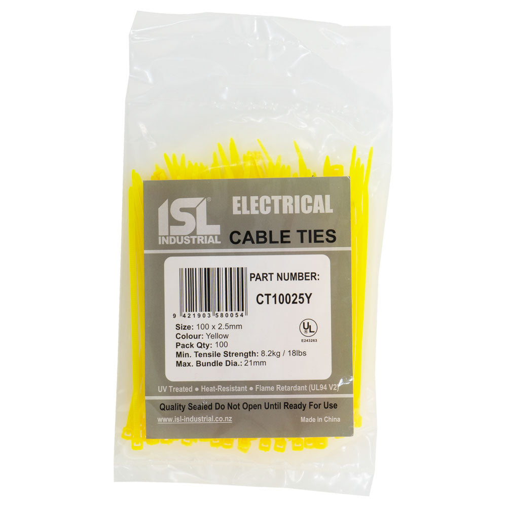 Isl 100 x 2.5mm Nylon Cable Tie - Yellow - 100Pk