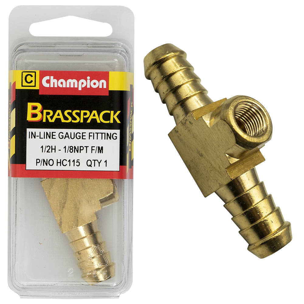 Champion In-Line Gauge Fittings Brass 1/2Inh-1/8in