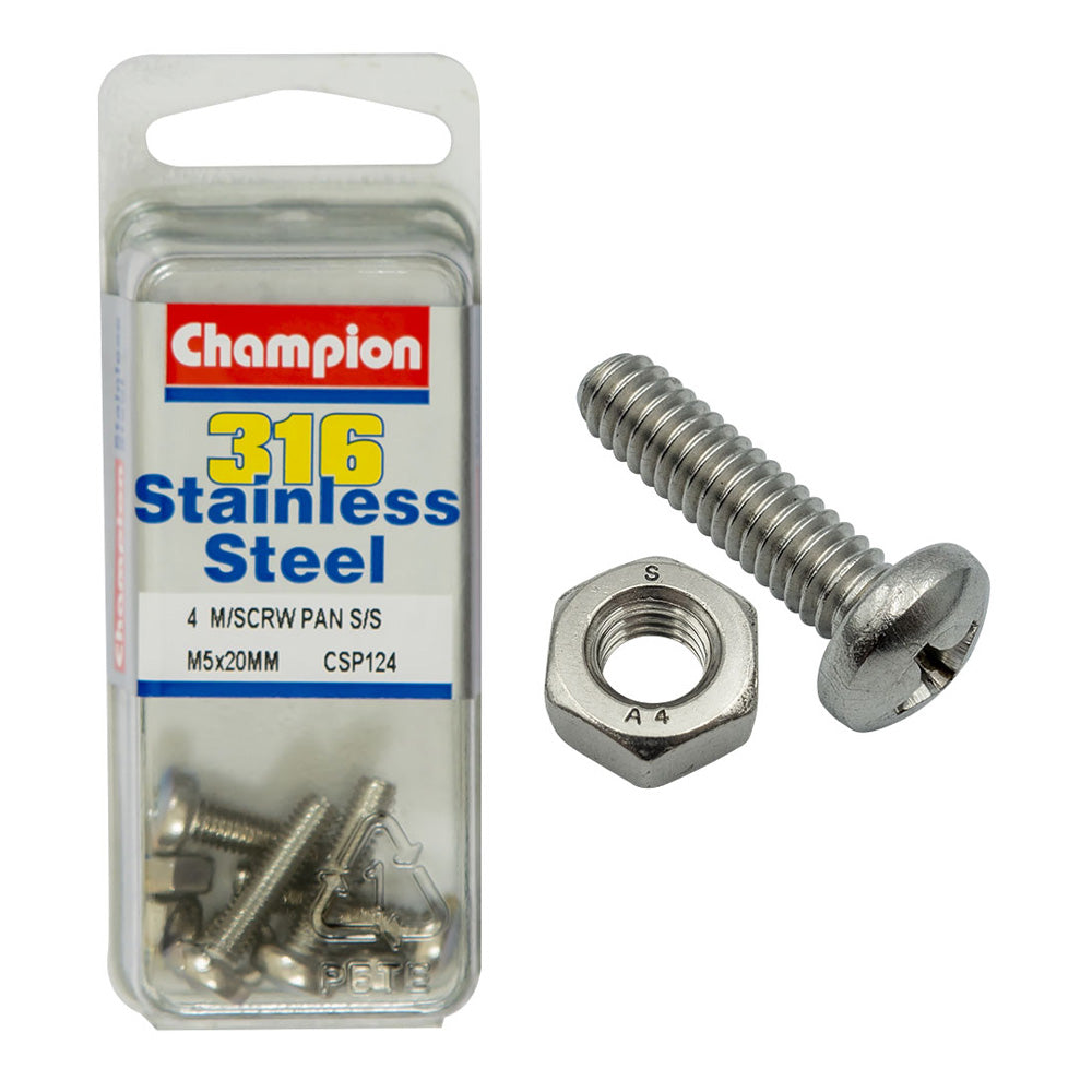 Champion Machine Screws Pan Phillips Ss M5 x 20mm (8 Pack)