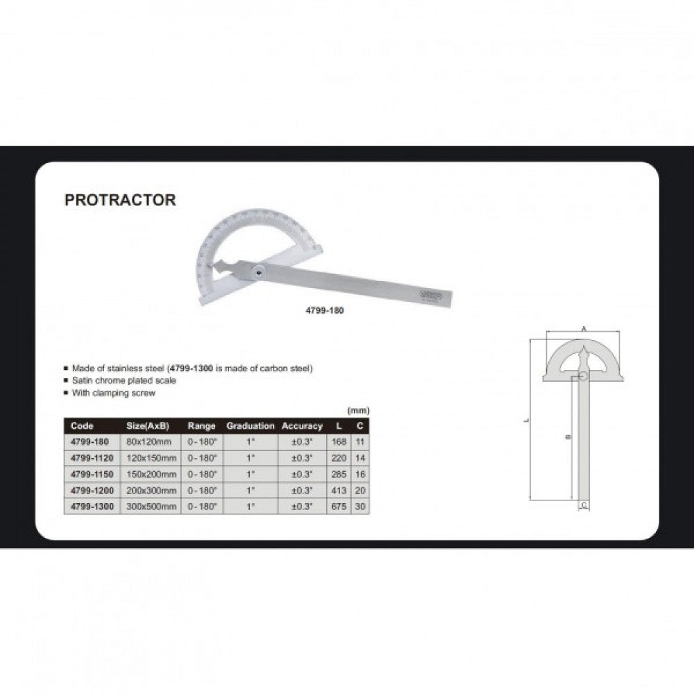 Insize 0-180 Degree Protractor 120mm Wide Head