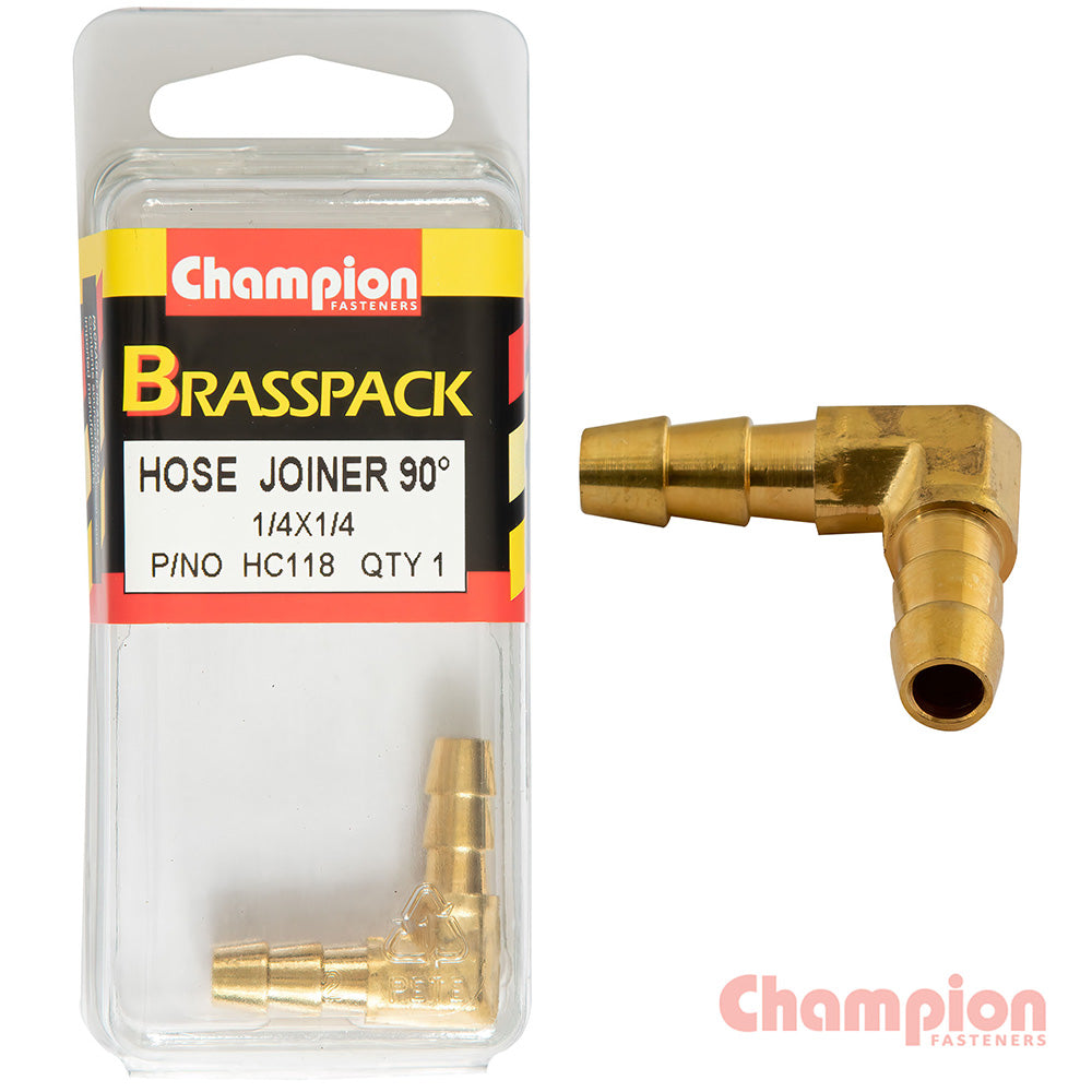 Champion Hose Joiner 90 Deg Barb Elbow Brass 1/4-1/4