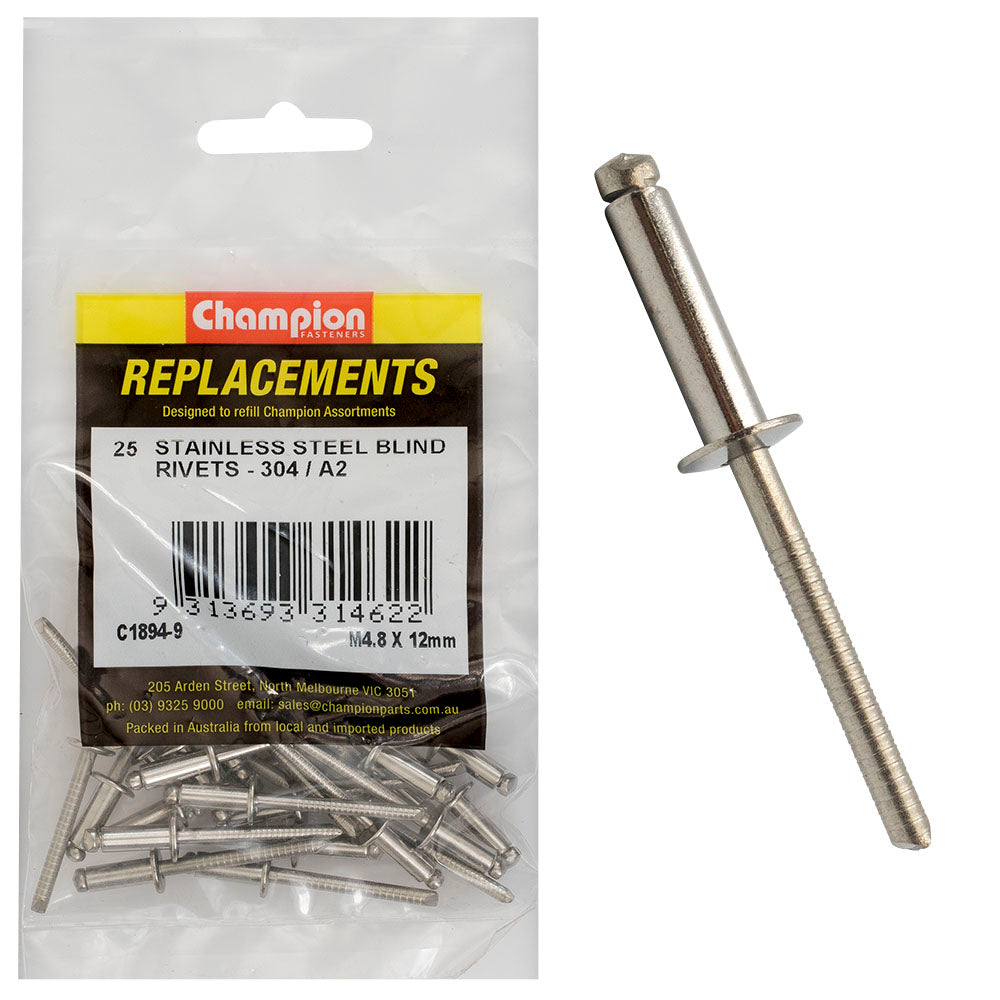 Champion 4.8mm x 12mm Blind Rivet -304/A2 -25 Pack