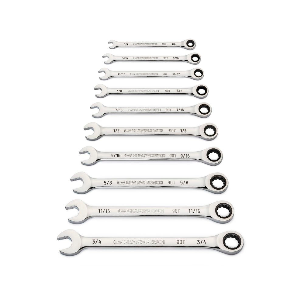 GEARWRENCH 10 Pc 90 Tooth Combination Ratcheting Wrench Set - SAE