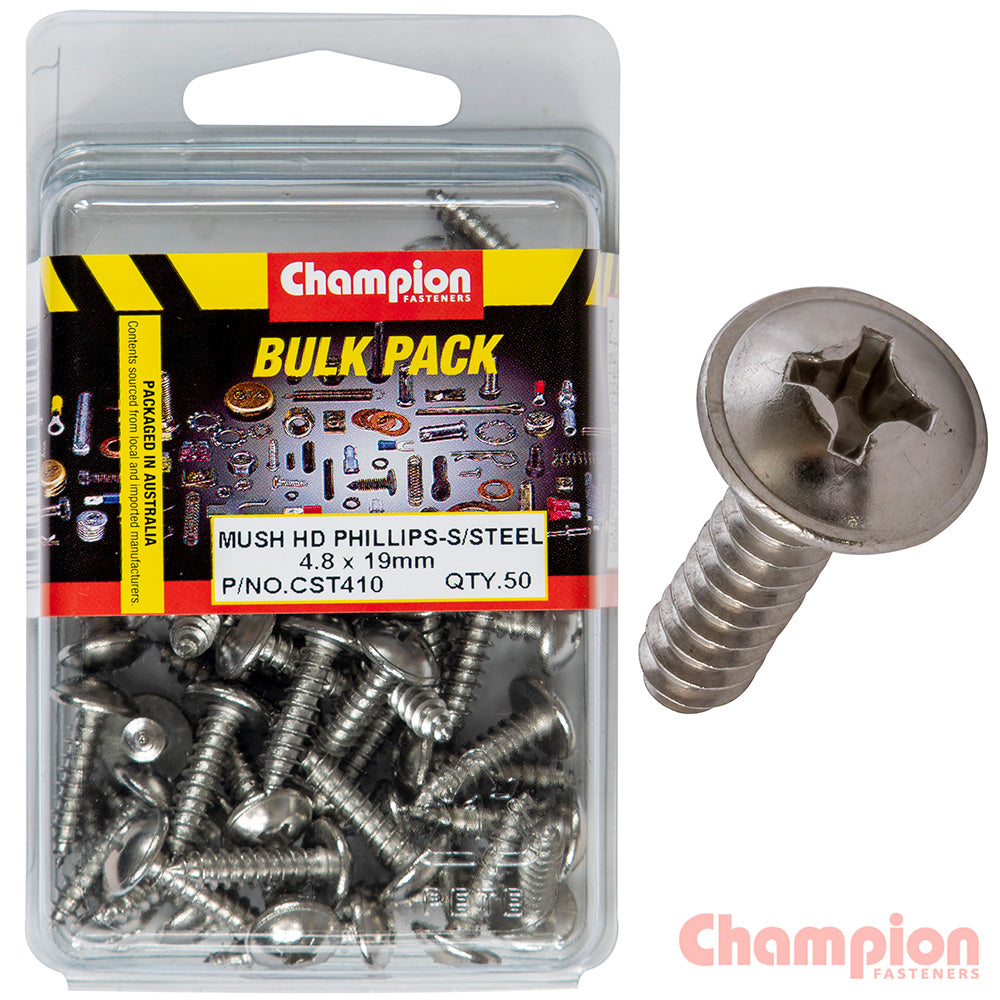 Champion S/Tapping Screws - Mushroom Head - 4.8 x 19mm (50 Pack)