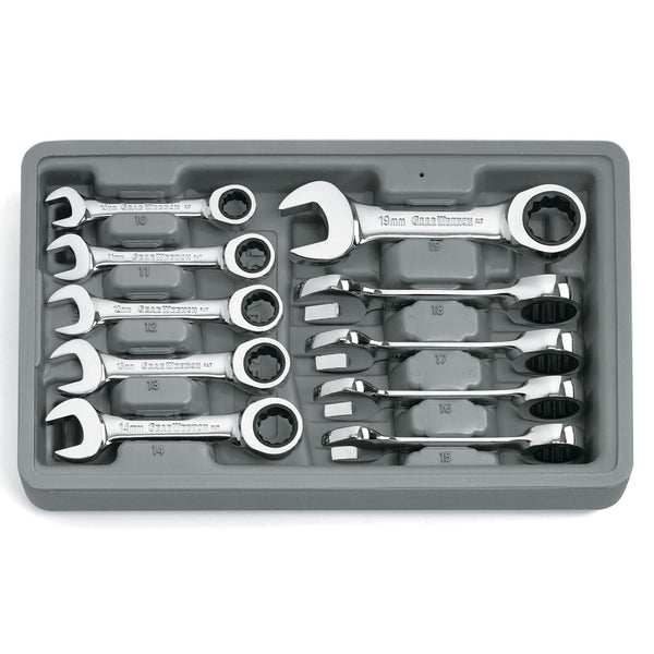 GearWrench Wrench Set Combination Ratcheting Stubby Tray MET 10Pc