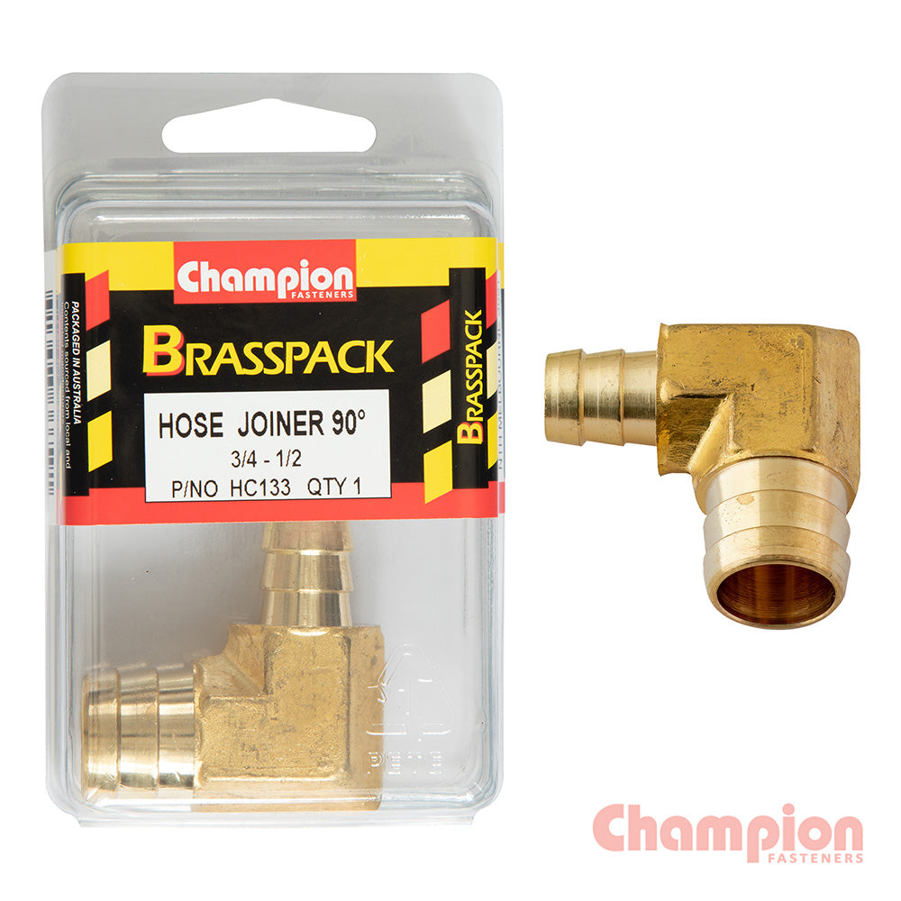 Champion Hose Joiner 90 Deg Barb Elbow Reducer Brass 3/4 - 1/2