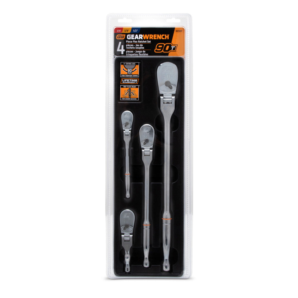 4 Pc. 1/4", 3/8" & 1/2" Drive 90-Tooth Flex Head Teardrop Ratchet Set 81230T