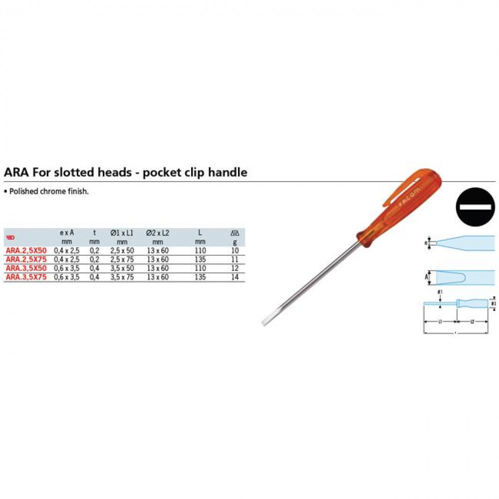 Screwdriver FL 2,5 x 50mm Facom ARA.2,5x50 ISORYL