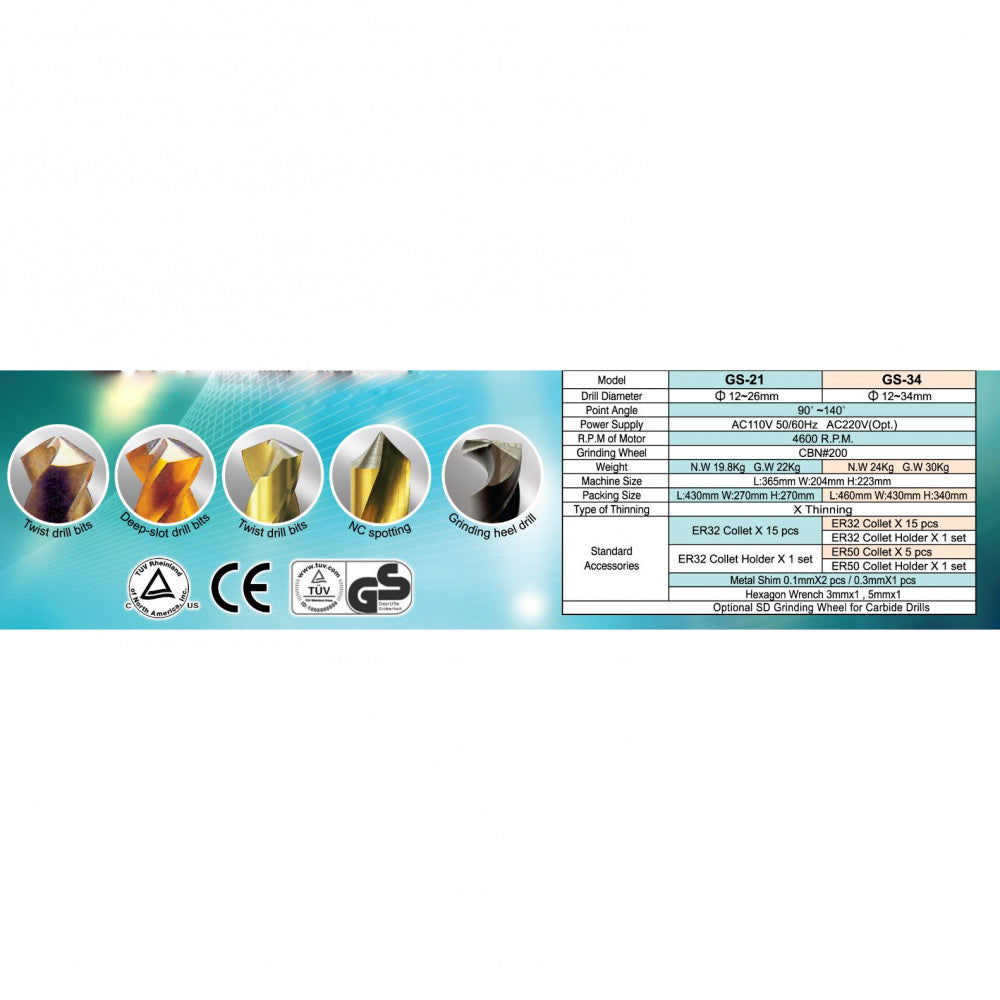 GS-21 Drill Sharpening Machine 12-26mm Capacity (3mm-25.4mm Collets Available)