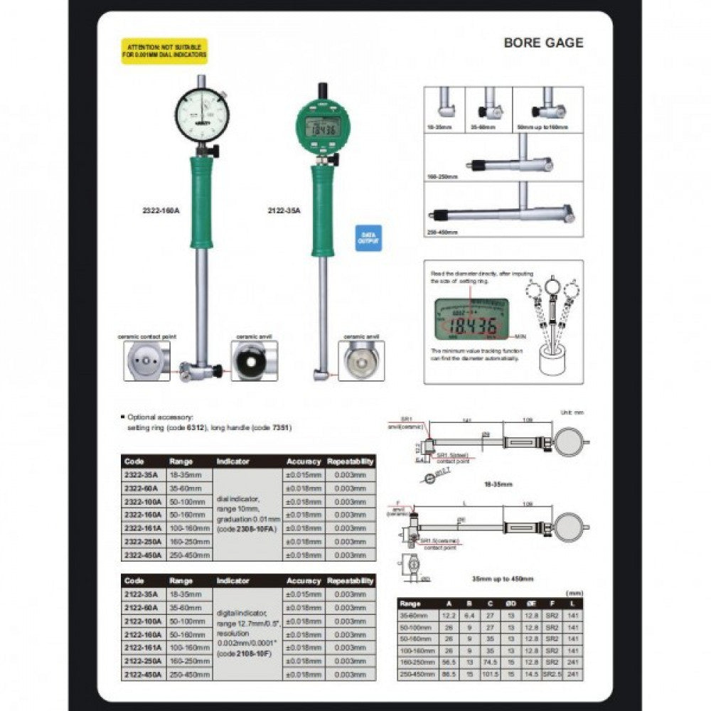 Dial Bore Gauge 35-60mm x 0.01mm Insize 2322-60A