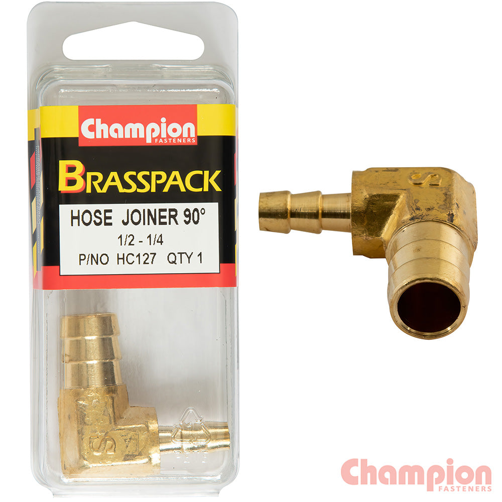 Champion Hose Joiner 90 Deg Barb Elbow Reducer Brass 1/2 - 1/4