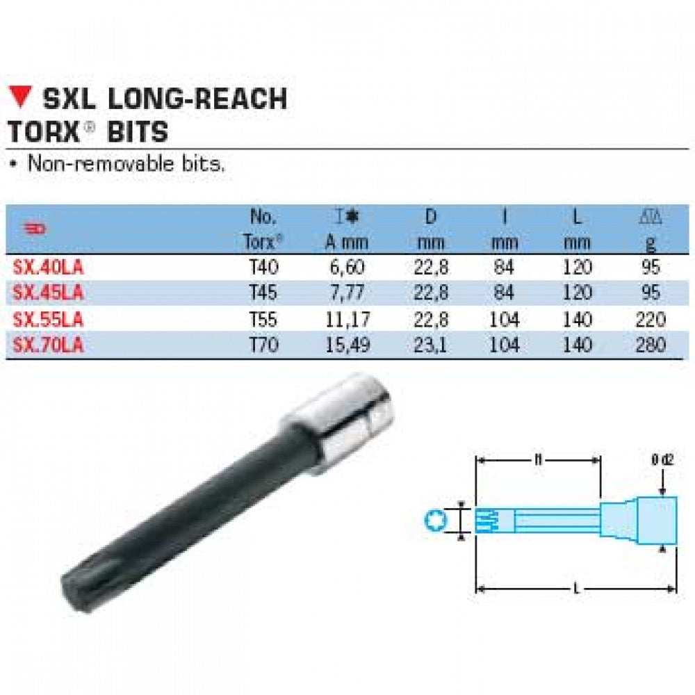 Torx Bit 1/2" Hex Drive T70x120mm Facom SX.70LA