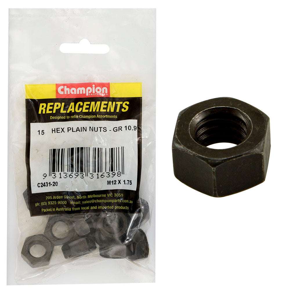 Champion Hex Plain Nuts High Tensile M12 x 1.75mm - 15 Pack