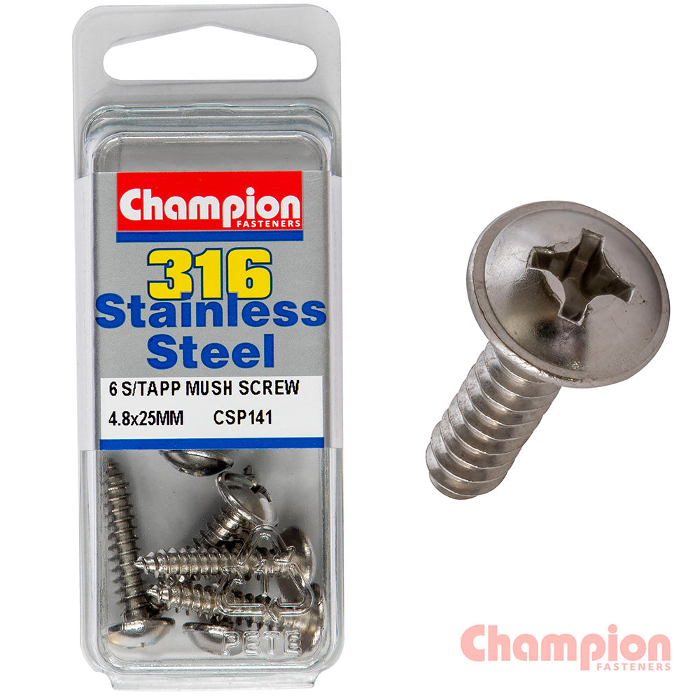 Champion S/Tapping Screws - Mushroom Head - 4.8 x 25mm (6 Pack)