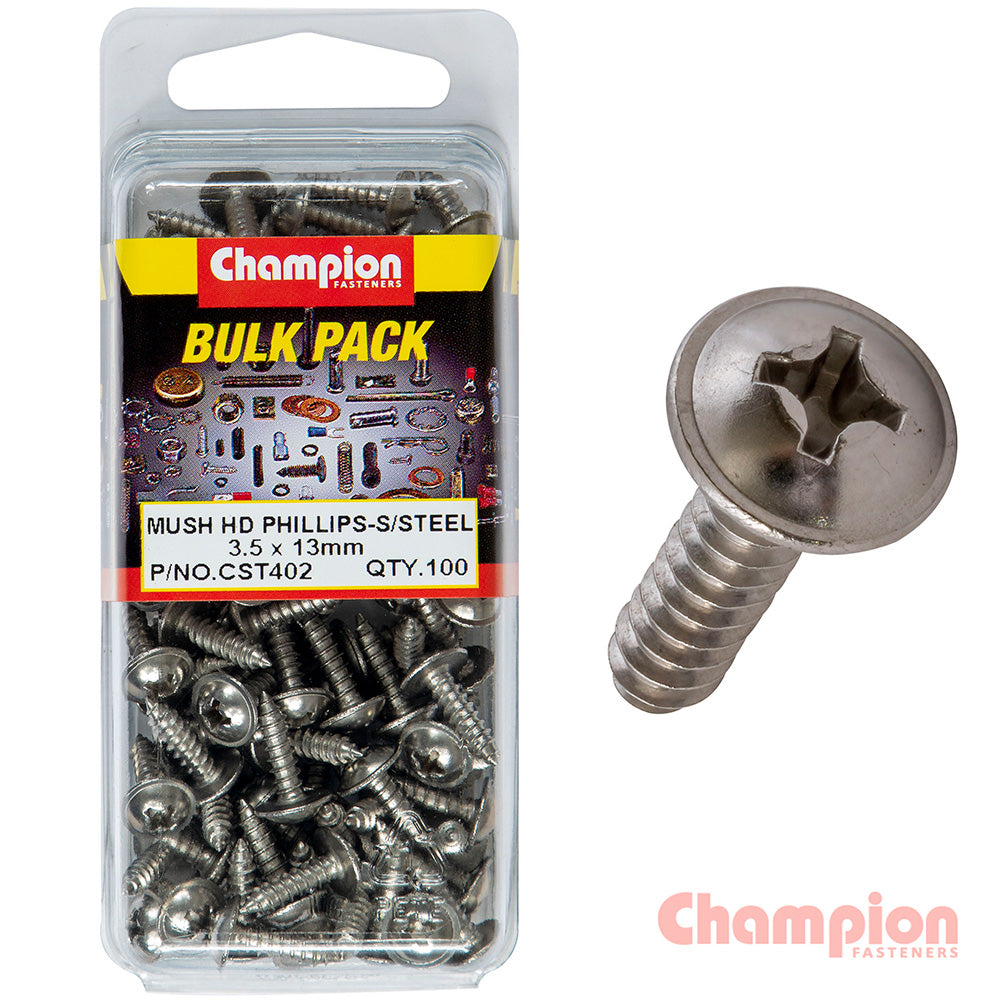 Champion S/Tapping Screws - Mushroom Head - 3.5 x 13mm (100 Pack)