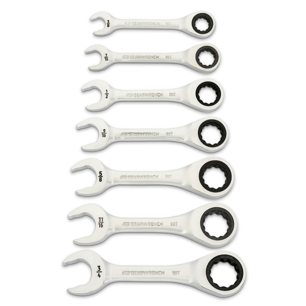 GEARWRENCH 7 PC 90Tooth 12 Pt SAE Stubby Ratcheting Combination Wrench Set-86858