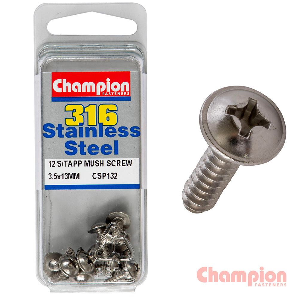 Champion S/Tapping Screws - Mushroom Head - 3.5 x 13mm (12 Pack)