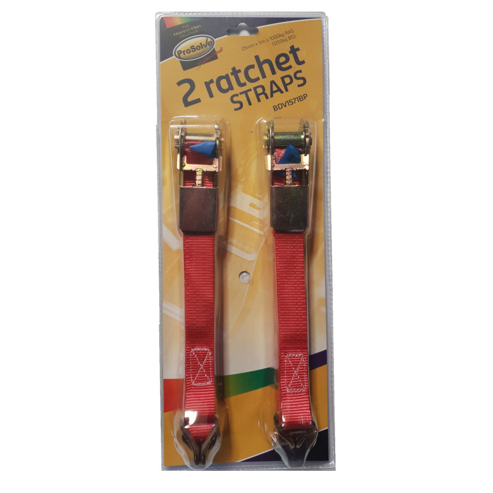 Blister Pk (2) Warrior Ratchet Strap 25mm x 5M x 1000Kg Ras