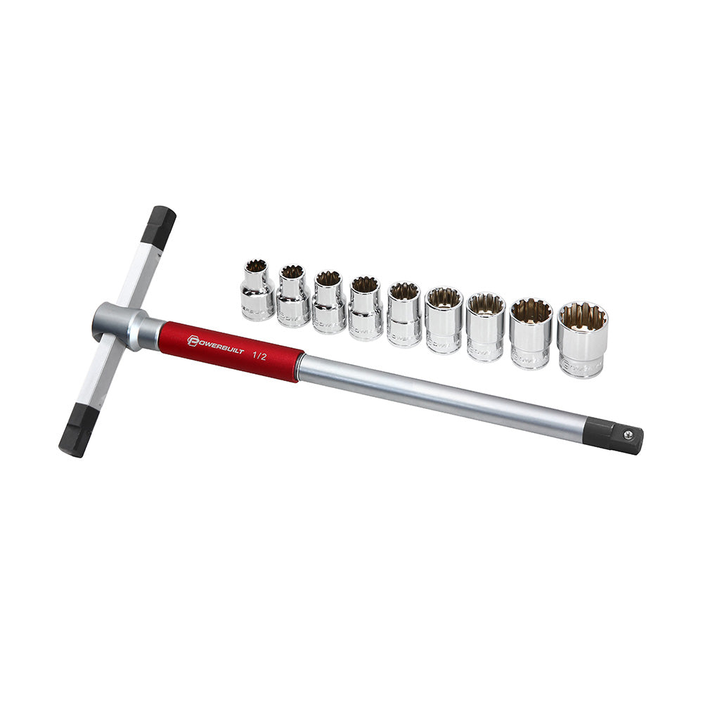 Powerbuilt 1/2Dr 10Pc Spline Socket Set With 3-Way T-Handle Driver