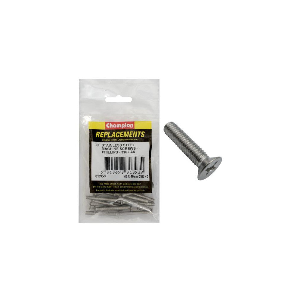 Champion M5 x 40mm Machine Screw -Csk -Ph -316/A4 -25pk
