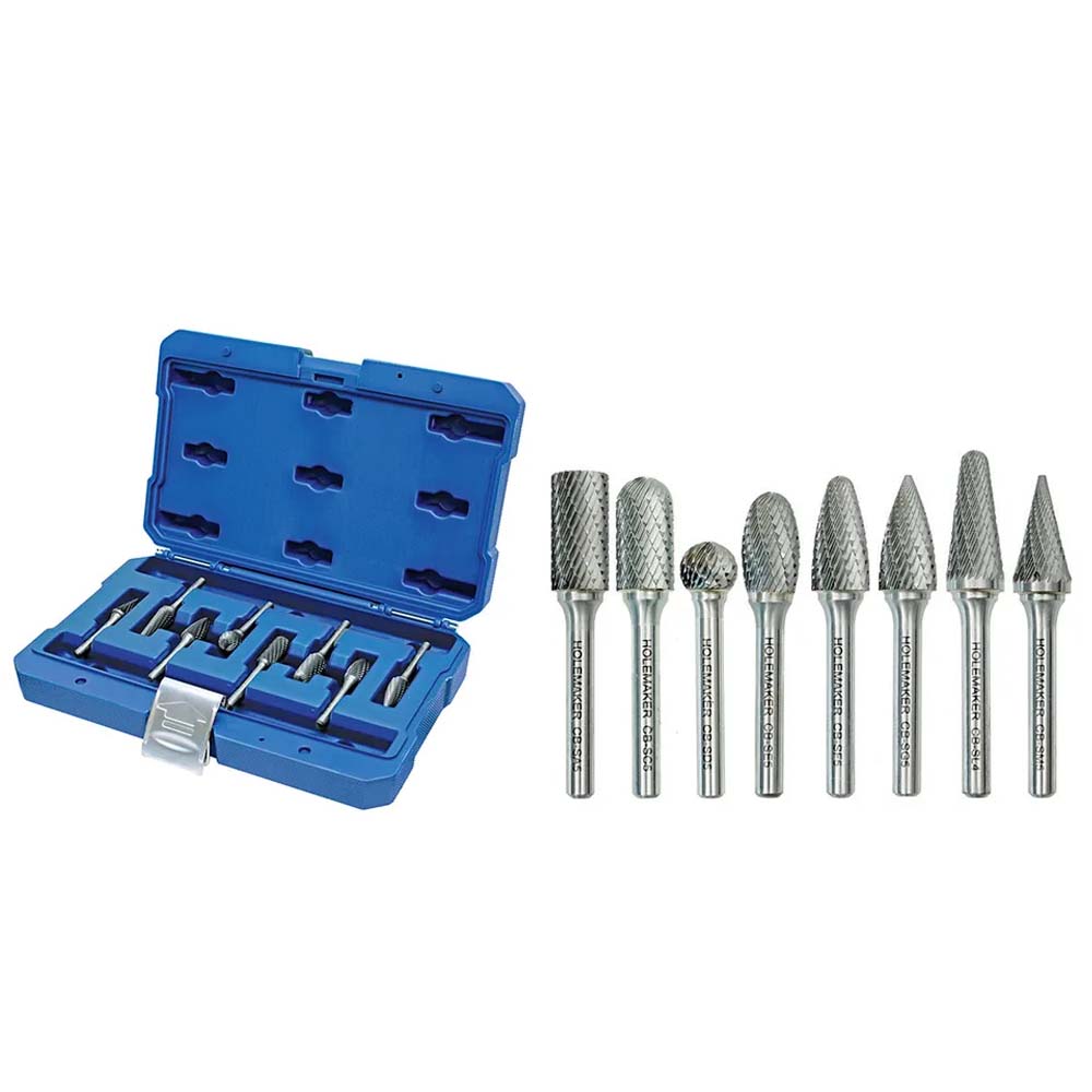 Holemaker 8 Piece Carbide Burr Set - 1/2inch Head x 1/8 & 1/4inch DC