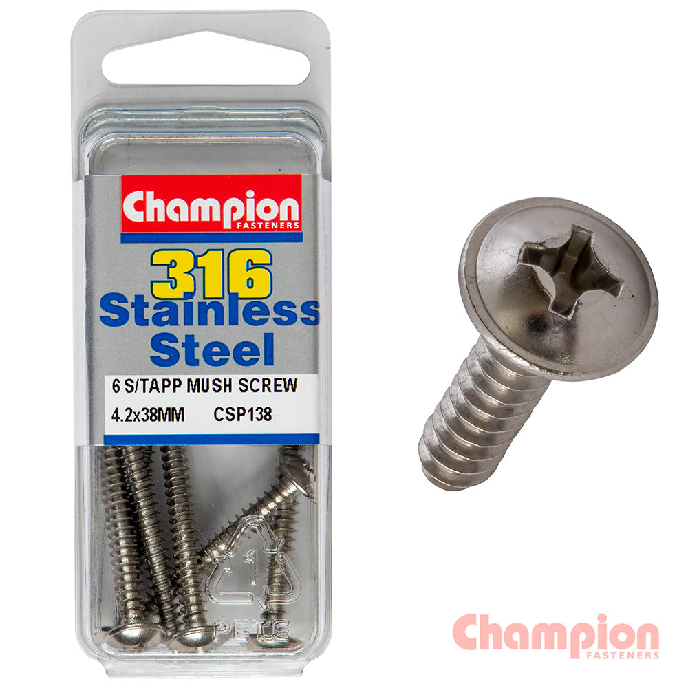 Champion S/Tapping Screws - Mushroom Head - 4.2 x 38mm (6 Pack)