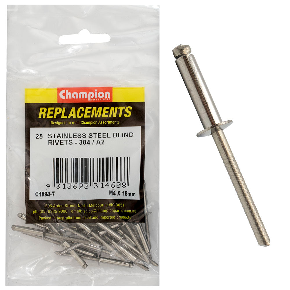 Champion 4.0mm x 18mm Blind Rivet -304/A2 -25 Pack