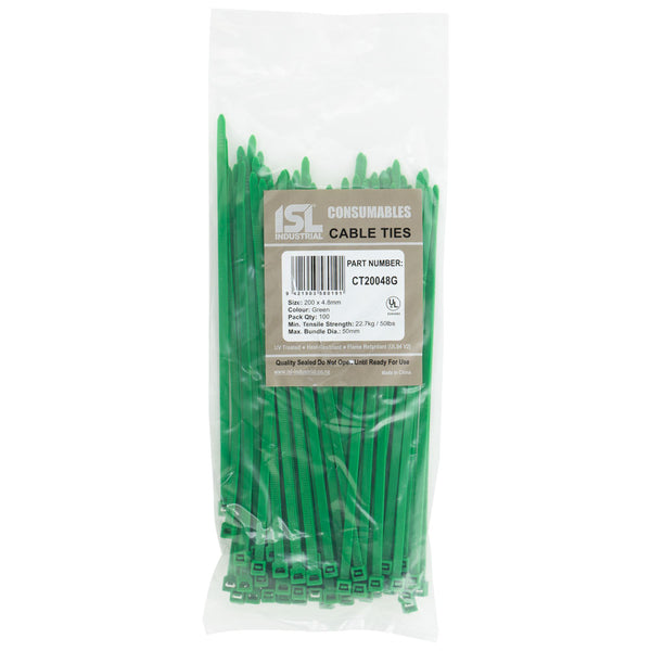 Isl 200 x 4.8mm Nylon Cable Tie - Green - 100Pk