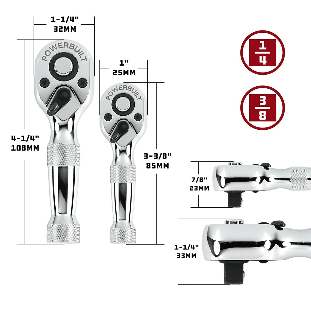 Powerbuilt 2Pc Stubby Ratchet Set - 1/4Dr & 3/8Dr