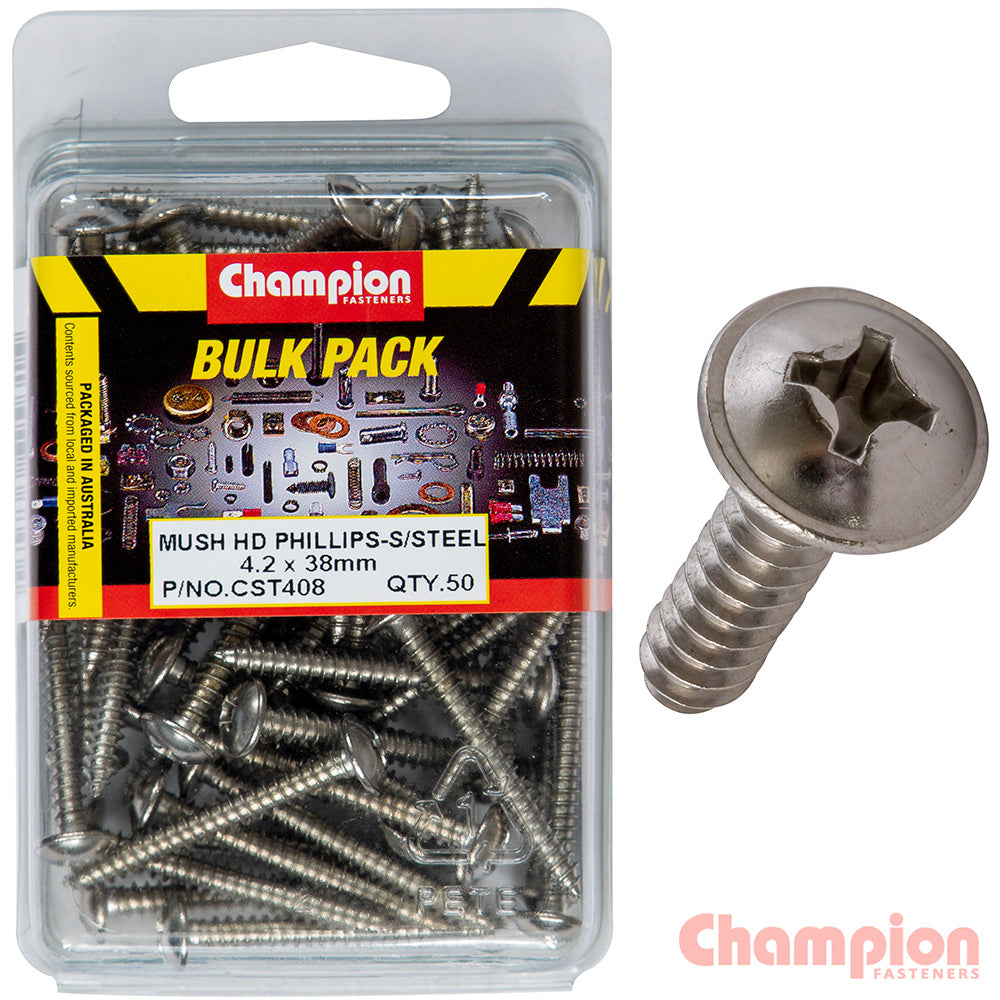 Champion S/Tapping Screws - Mushroom Head - 4.2 x 38mm (50 Pack)