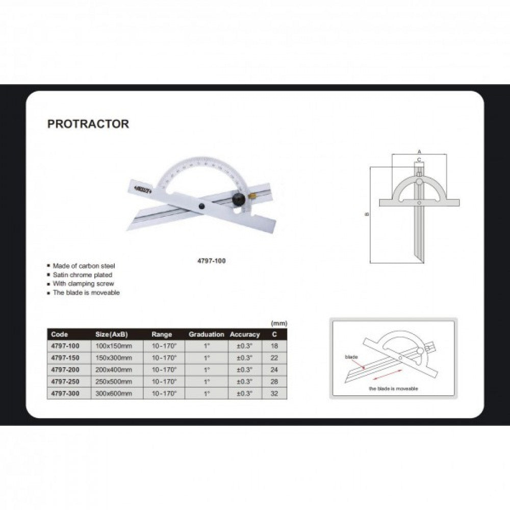 Insize 10-170 Degree Protractor 150mm Head