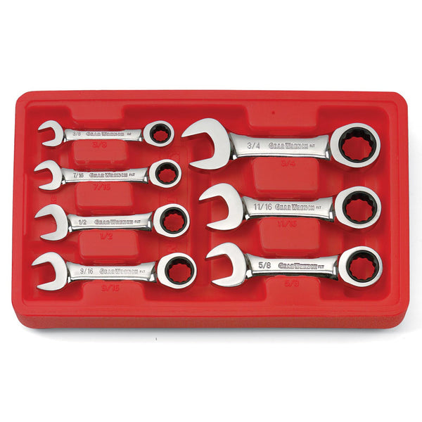 GearWrench Wrench Set Combination Ratcheting Stubby Tray SAE 7Pc