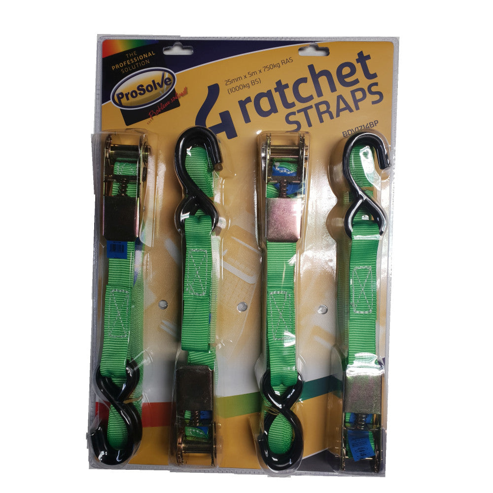 Blister Pk (4) Warrior Ratchet Strap 25mm x 5M x 750Kg Ras