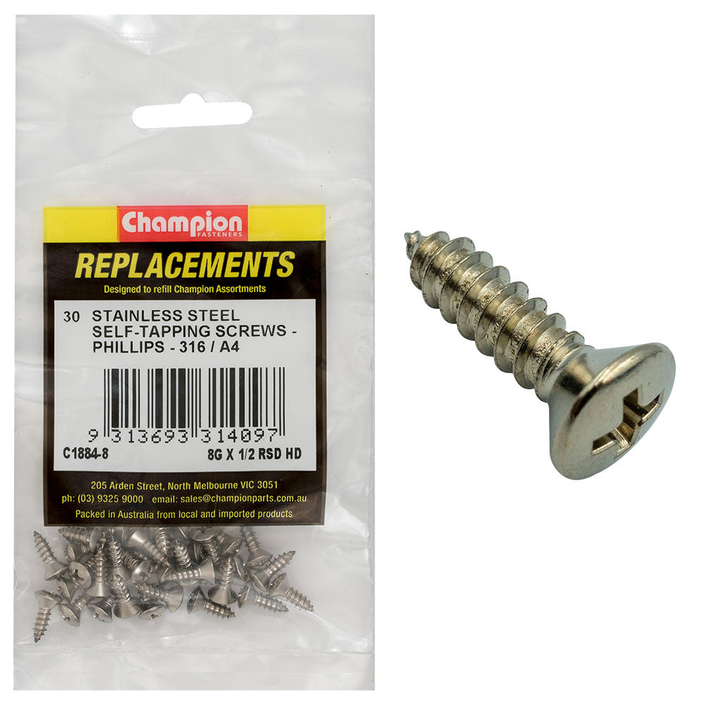 Champion 8G x 1/2in S/Tapping Screw -Rsd -Ph -316/