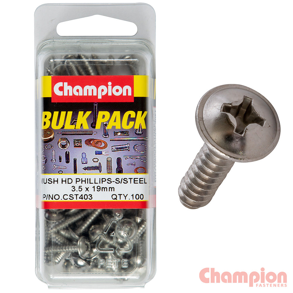 Champion S/Tapping Screws - Mushroom Head - 3.5 x 19mm (100 Pack)