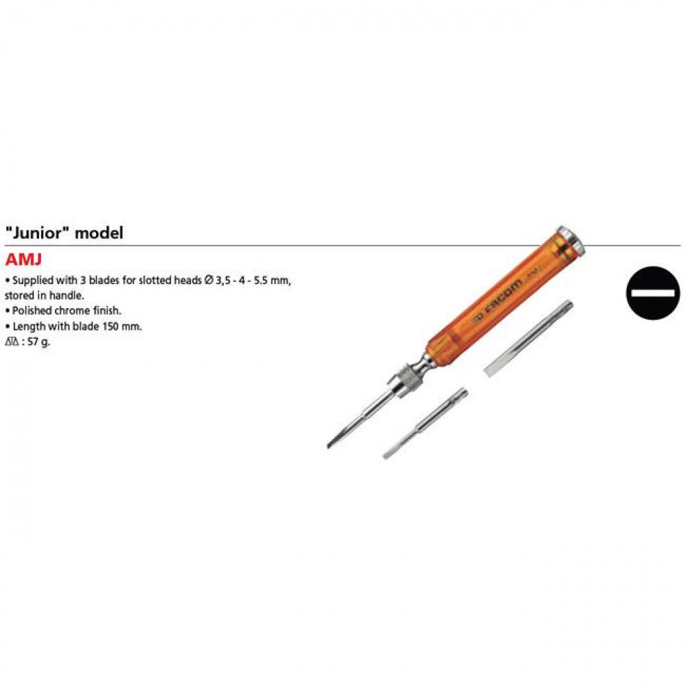 Screwdriver Handle C/w 3 x Flat Blades 3.5, 4 & 5.5mm x 150mm Facom AMJ