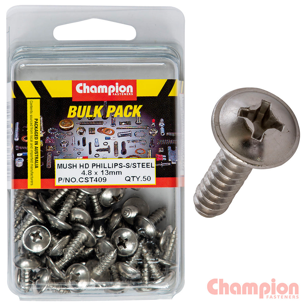 Champion S/Tapping Screws - Mushroom Head - 4.8 x 13mm (50 Pack)