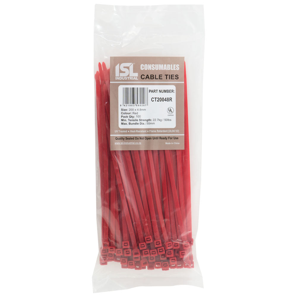 Isl 200 x 4.8mm Nylon Cable Tie - Red - 100Pk
