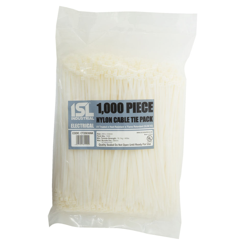Isl 250 x 3.6mm Nylon Cable Tie - Nat. - 1000Pk