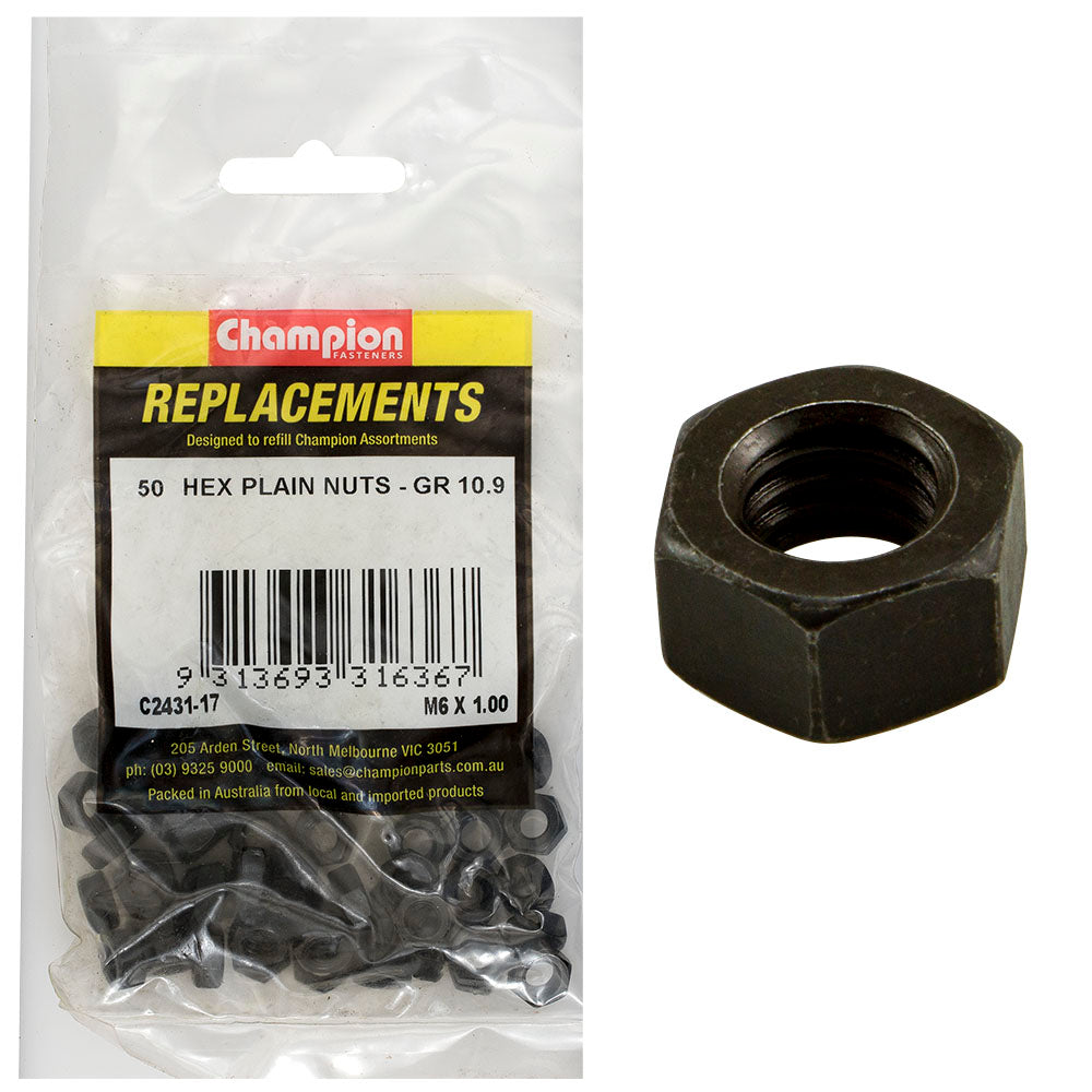 Champion Hex Plain Nuts High Tensile M6 X1.00mm - 50 Pack