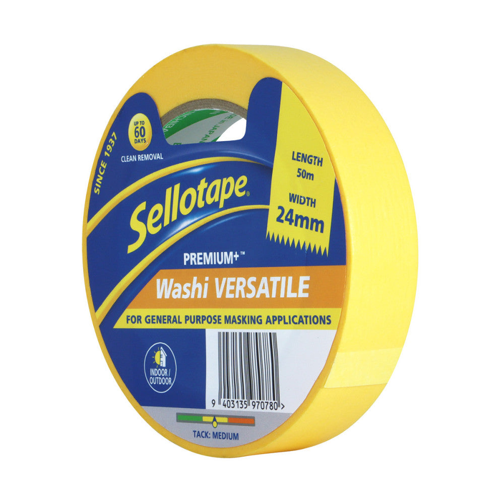 Sellotape Washi Premium+ Versatile Yellow 24mm x 50m Pk 6