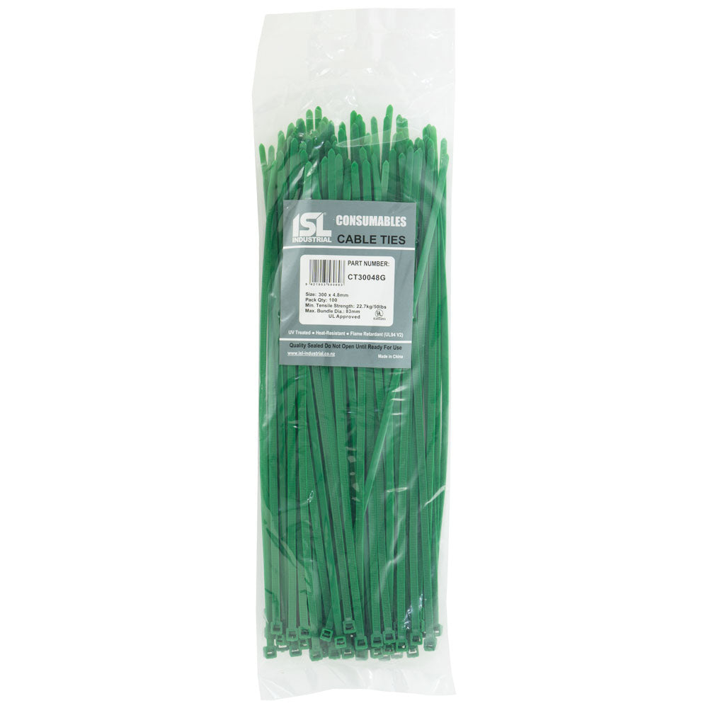 Isl 300 x 4.8mm Nylon Cable Tie - Green - 100Pk